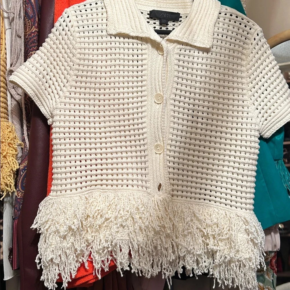 Zara Cream Knitted Button Up Fringe Sweater - Picture 1 of 1